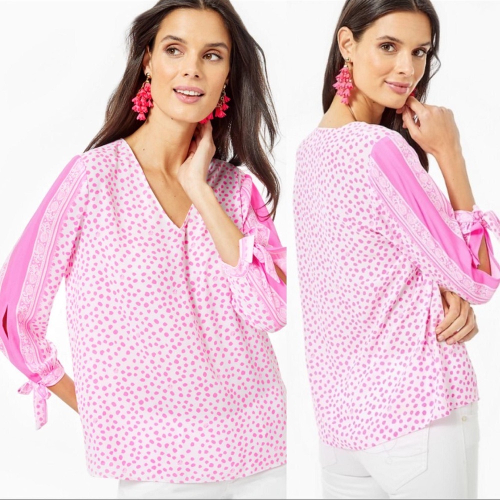 Lilly Pulitzer Pink and White Blouse. Cute bow detailing on the sleeve.